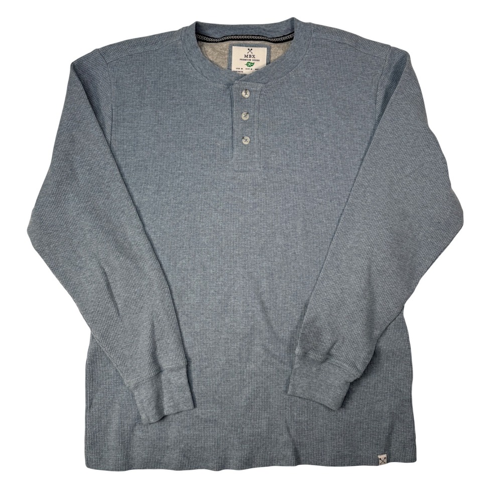 MBX Henley Shirt Medium Blue/Gray Waffle Knit Thermal Casual Men Winter